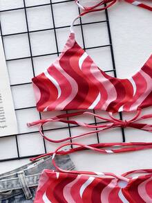 Wave Pattern Halter Bikini - Multicolor - View 3