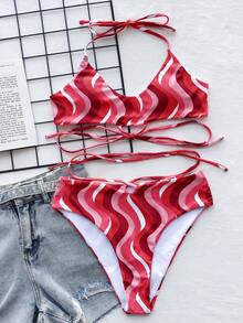 Wave Pattern Halter Bikini - Multicolor - View 4