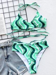 Wave Pattern Halter Bikini - Multicolor - View 3