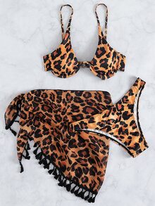 3packs Leopard Underwire Bikini & Tassel Hem Beach Skirt, For Summer Vacation - Orange - View 4