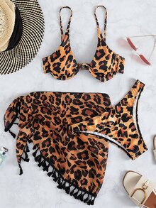 3packs Leopard Underwire Bikini & Tassel Hem Beach Skirt, For Summer Vacation - Orange - View 5