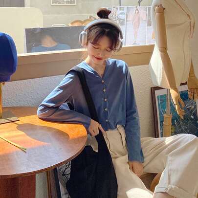 쇼트 티셔츠 솔리드 앞 버튼