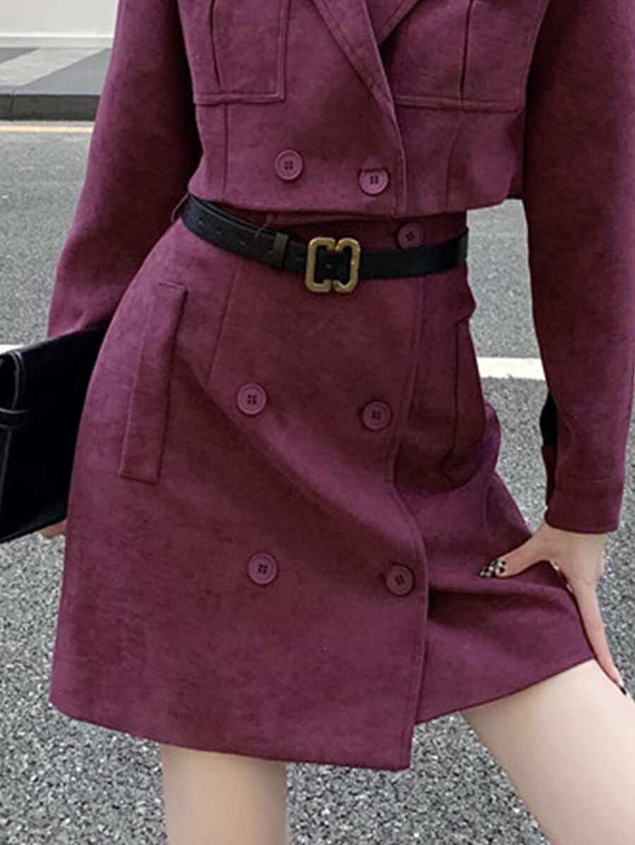 Solid Double Button Belted Skirt - Purple - View 1