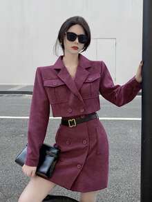 Solid Double Button Belted Skirt - Purple - View 3