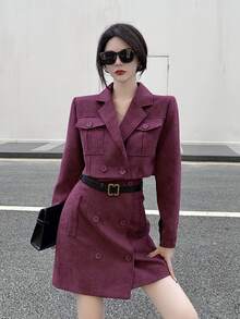 Solid Double Button Belted Skirt - Purple - View 4
