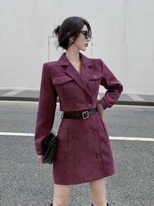 Solid Double Button Belted Skirt - Purple - View 5