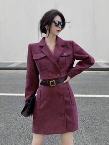 Solid Double Button Belted Skirt - Purple - View 6