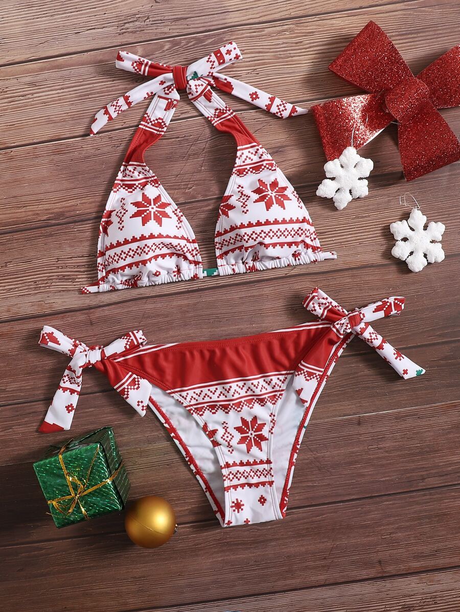 Christmas Print Halter Bikini - Red and White - View 1