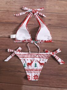 Christmas Print Halter Bikini - Red and White - View 2