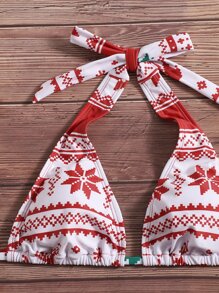 Christmas Print Halter Bikini - Red and White - View 3