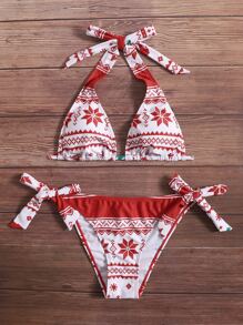 Christmas Print Halter Bikini - Red and White - View 5