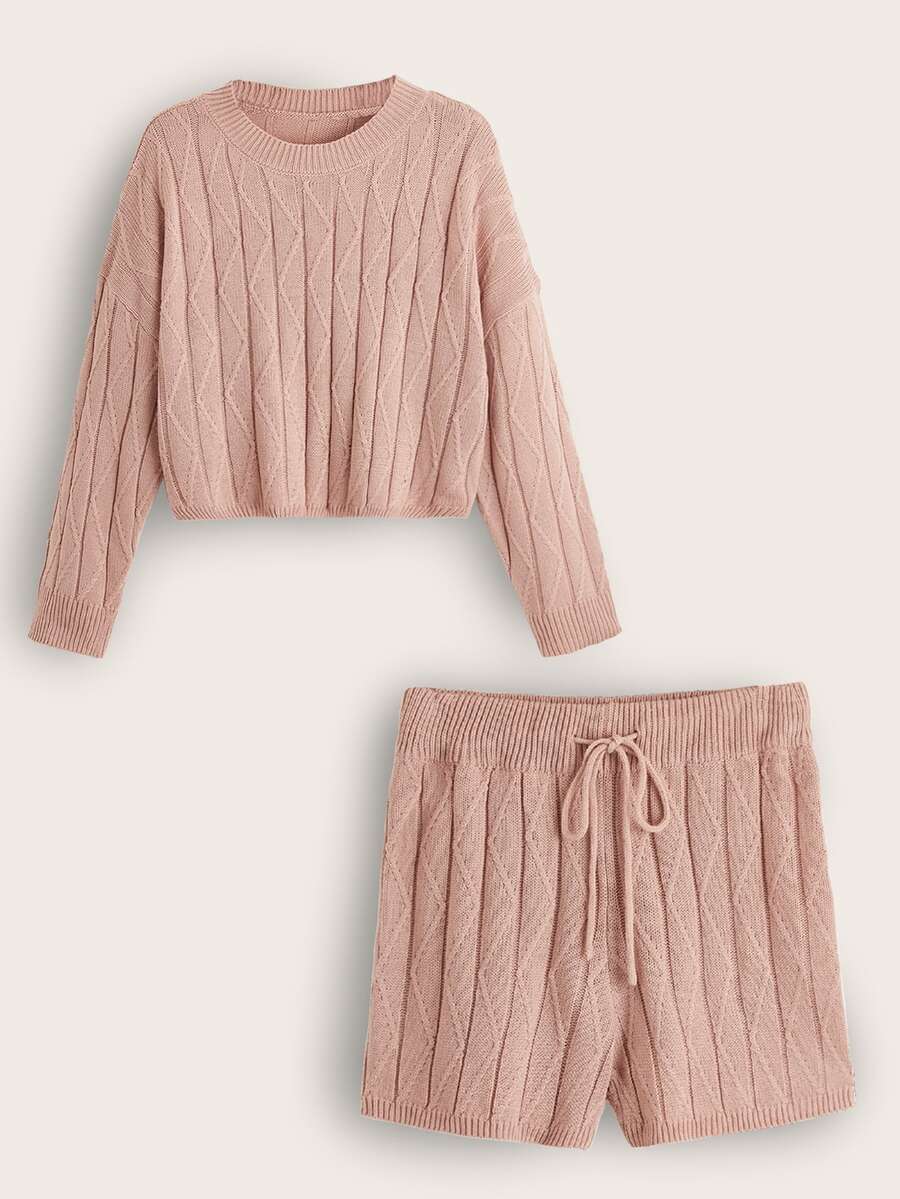 SHEIN Cộng với kích thước áo len co-ords Gân đan In chữ V Giải trí - Bụi hồng - Xem 1