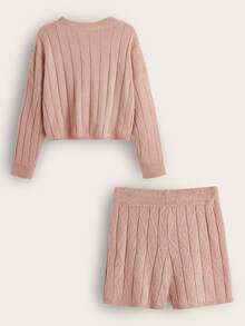 SHEIN Cộng với kích thước áo len co-ords Gân đan In chữ V Giải trí - Bụi hồng - Xem 2