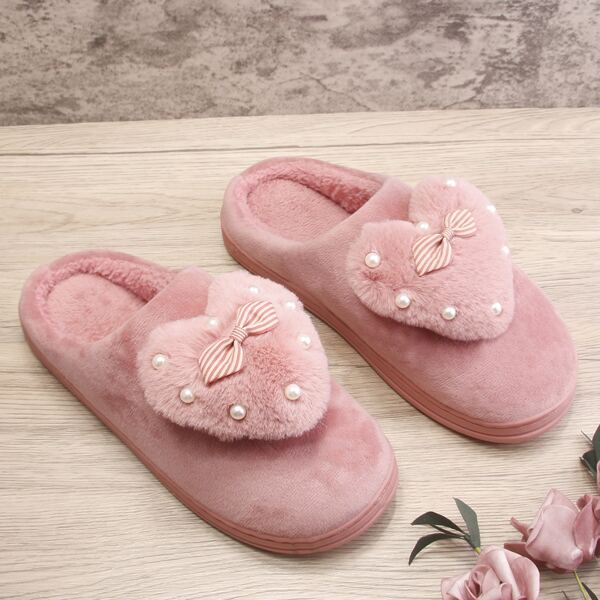 

Faux Pearl & Bow Decor Novelty Slippers, Pink