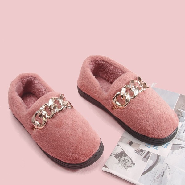 

Chain Decor Fluffy Slippers, Pink