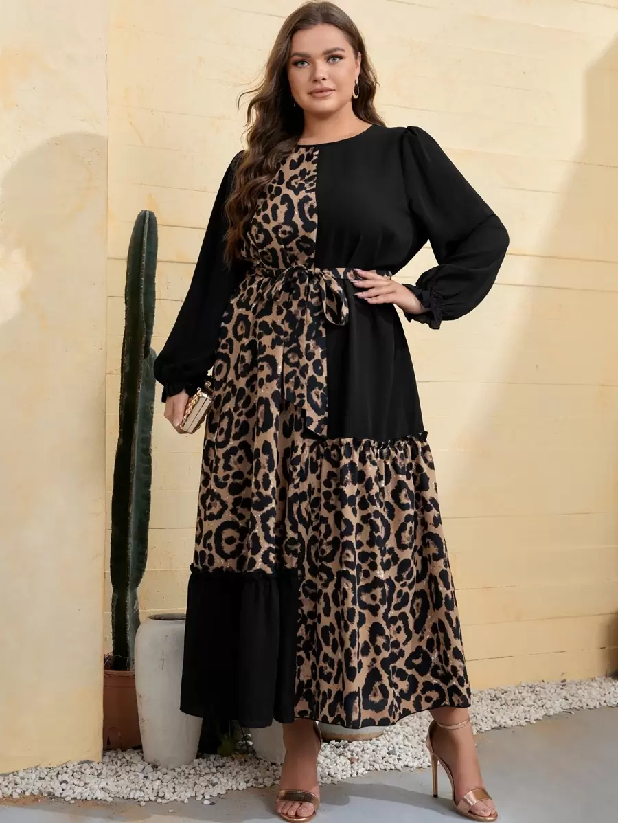 Mulvari Vestido con cinturón panel de leopardo de manga con volante ribete fruncido - Multicolor - Ver 1