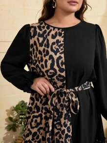 Mulvari Vestido con cinturón panel de leopardo de manga con volante ribete fruncido - Multicolor - Ver 4