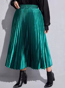 Plus Shirred Waist Pleated Skirt - Green - View 1