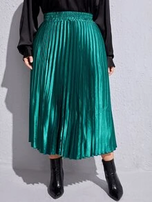 Plus Shirred Waist Pleated Skirt - Green - View 3