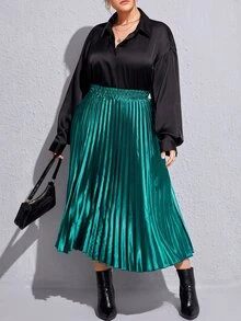 Plus Shirred Waist Pleated Skirt - Green - View 4
