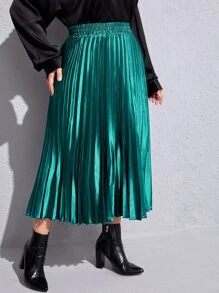Plus Shirred Waist Pleated Skirt - Green - View 5