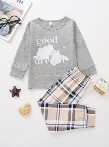 Conjunto de pijama top con estampado de slogan con pantalones de cuadros - Multicolor - Ver 1