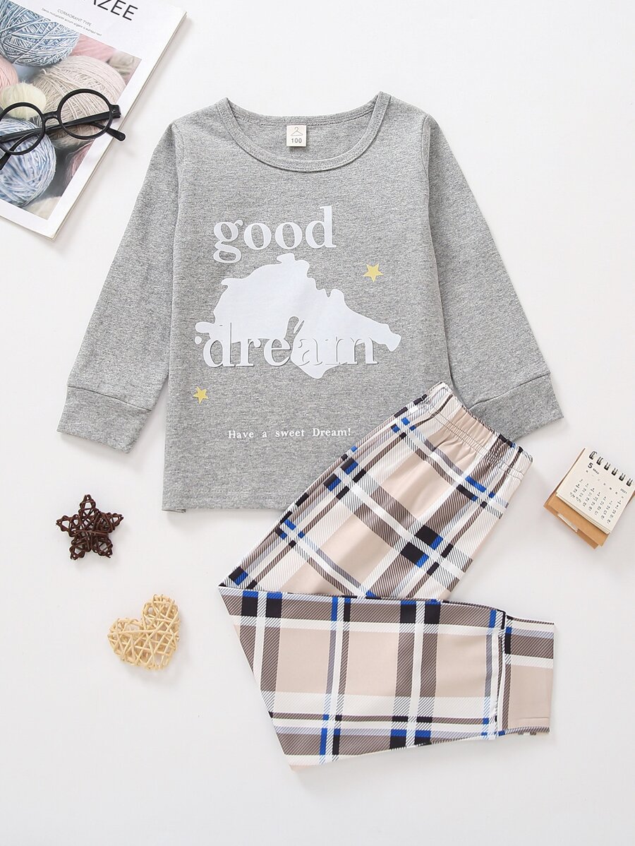 Conjunto de pijama top con estampado de slogan con pantalones de cuadros - Multicolor - Ver 1