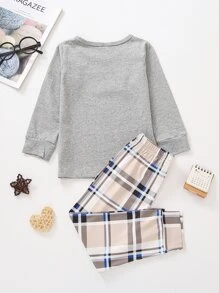 Conjunto de pijama top con estampado de slogan con pantalones de cuadros - Multicolor - Ver 2
