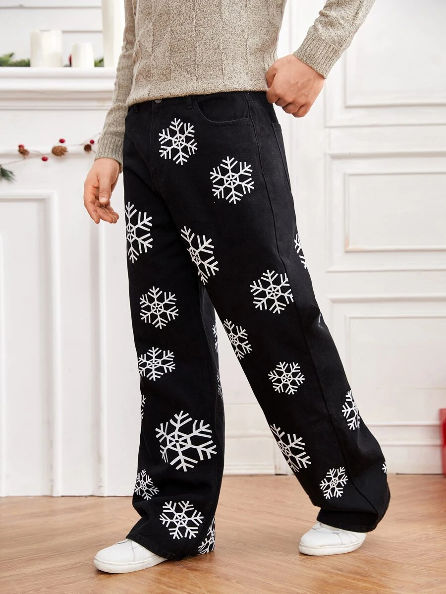 Manfinity Hombres Jeans estampado de copo de nieve - Negro - Ver 1