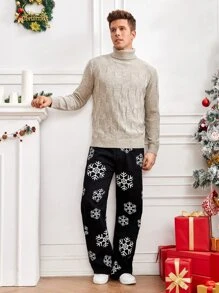 Manfinity Hombres Jeans estampado de copo de nieve - Negro - Ver 3