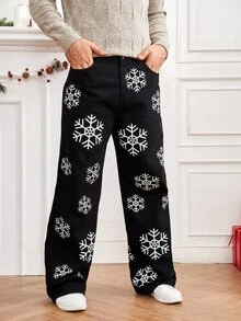 Manfinity Hombres Jeans estampado de copo de nieve - Negro - Ver 4