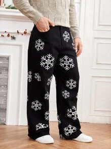 Manfinity Hombres Jeans estampado de copo de nieve - Negro - Ver 5