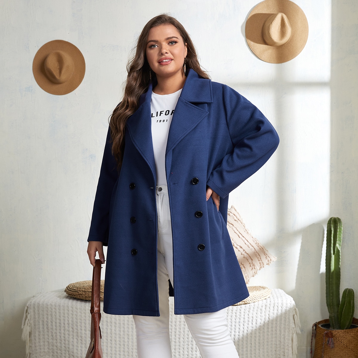 размера плюс Пальто с лацканами двубортный