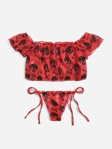 Beereckless Kawaii Skull Print Mesh Lingerie Set - Red - View 2