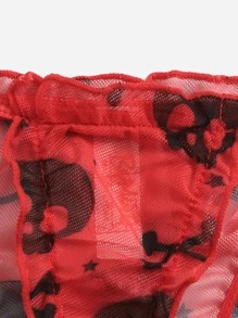 Beereckless Kawaii Skull Print Mesh Lingerie Set - Red - View 3