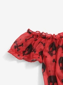 Beereckless Kawaii Skull Print Mesh Lingerie Set - Red - View 4