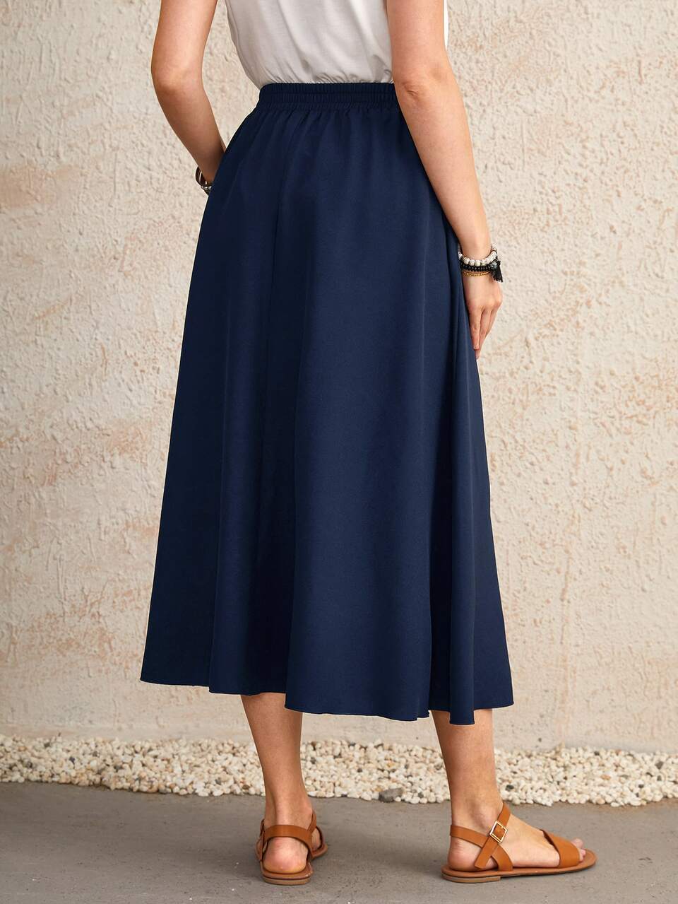 Drawstring Waisted Solid Flared Skirt
