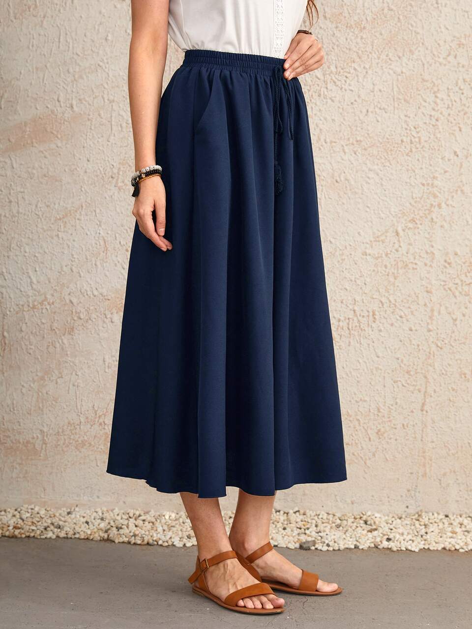 Drawstring Waisted Solid Flared Skirt