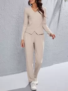 tejido de canalé cruzado Top & Pantalones - Beis - Ver 1