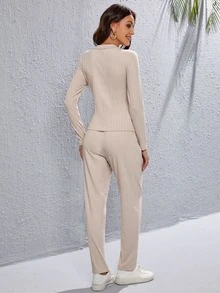 tejido de canalé cruzado Top & Pantalones - Beis - Ver 2