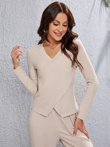 tejido de canalé cruzado Top & Pantalones - Beis - Ver 4