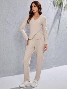 tejido de canalé cruzado Top & Pantalones - Beis - Ver 6