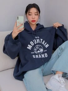 DAZY Mountain & Letter Graphic Raglan Sleeve Thermal Drawstring Hoodie,Fall Clothes Sweatshirt - Navy Blue - View 1