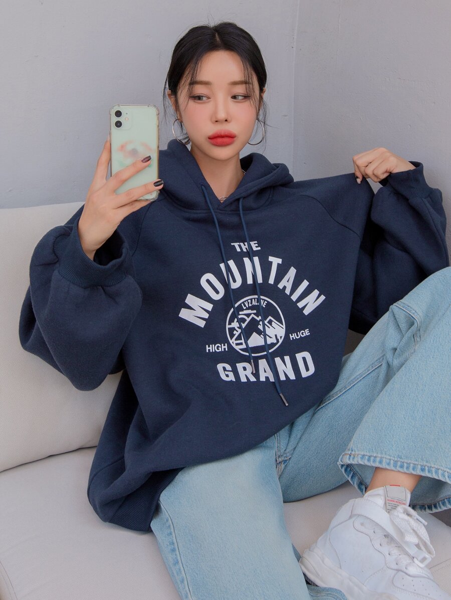 DAZY Mountain & Letter Graphic Raglan Sleeve Thermal Drawstring Hoodie,Fall Clothes Sweatshirt - Navy Blue - View 1
