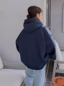 DAZY Mountain & Letter Graphic Raglan Sleeve Thermal Drawstring Hoodie,Fall Clothes Sweatshirt - Navy Blue - View 2