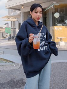 DAZY Mountain & Letter Graphic Raglan Sleeve Thermal Drawstring Hoodie,Fall Clothes Sweatshirt - Navy Blue - View 3