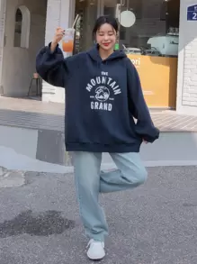 DAZY Mountain & Letter Graphic Raglan Sleeve Thermal Drawstring Hoodie,Fall Clothes Sweatshirt - Navy Blue - View 4