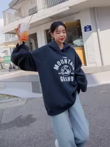 DAZY Mountain & Letter Graphic Raglan Sleeve Thermal Drawstring Hoodie,Fall Clothes Sweatshirt - Navy Blue - View 5