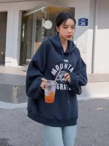 DAZY Mountain & Letter Graphic Raglan Sleeve Thermal Drawstring Hoodie,Fall Clothes Sweatshirt - Navy Blue - View 6