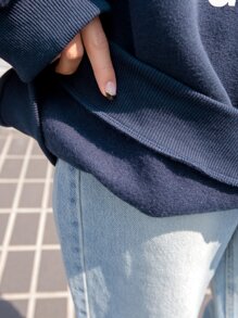 DAZY Mountain & Letter Graphic Raglan Sleeve Thermal Drawstring Hoodie,Fall Clothes Sweatshirt - Navy Blue - View 7